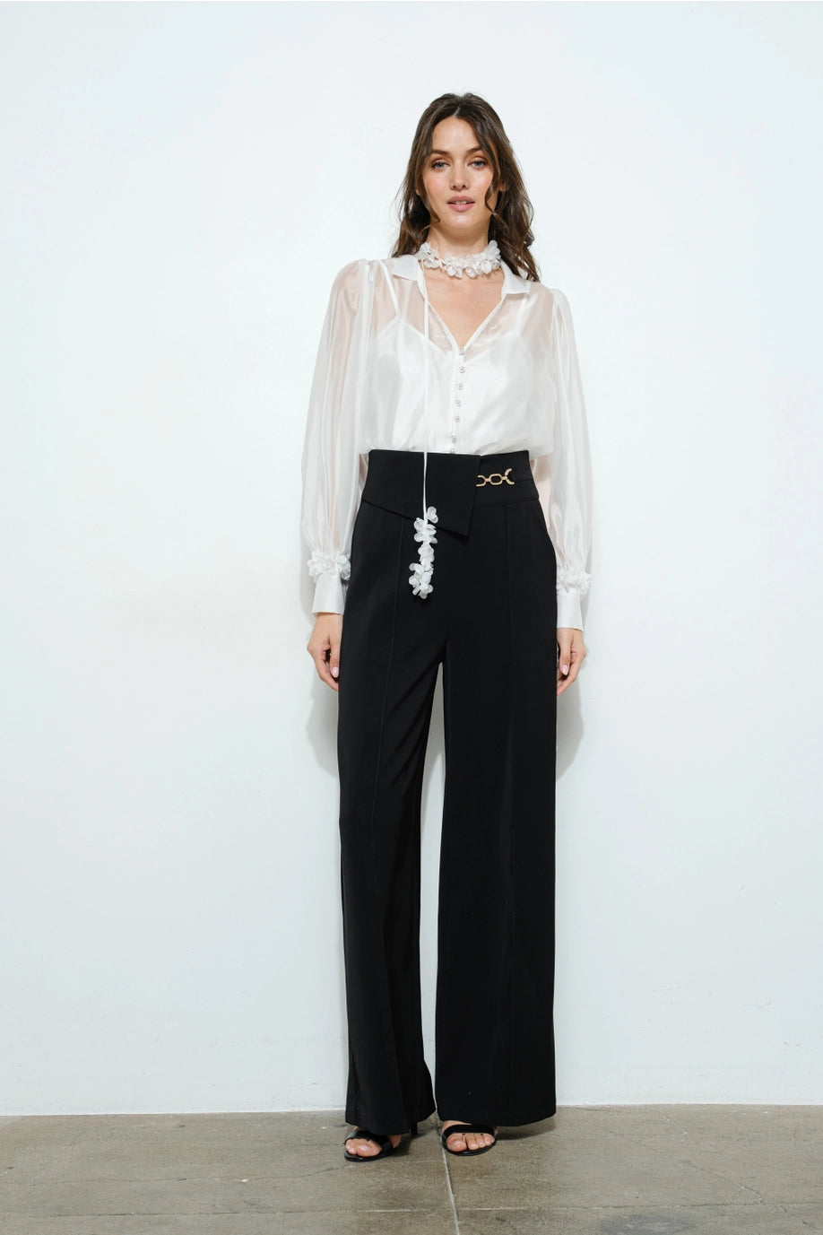 Sheer Floral Tie Neck Puff Sleeve Blouse - White