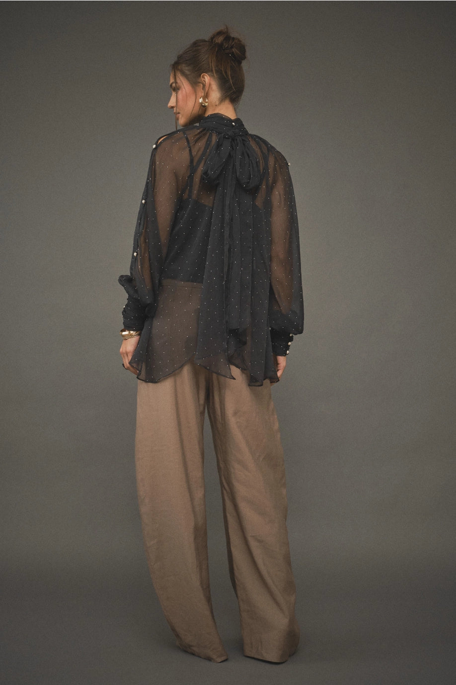 Pearl Embellished Sheer High Neck Blouse - Black / Silver Stone