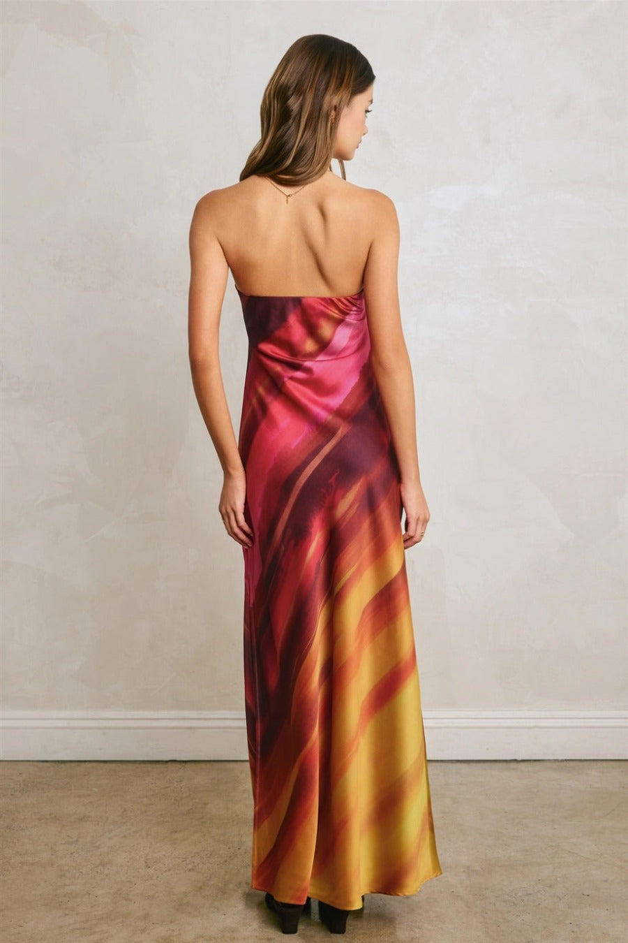 Watercolor Stripe Satin Strapless Bias Cut Maxi Dress