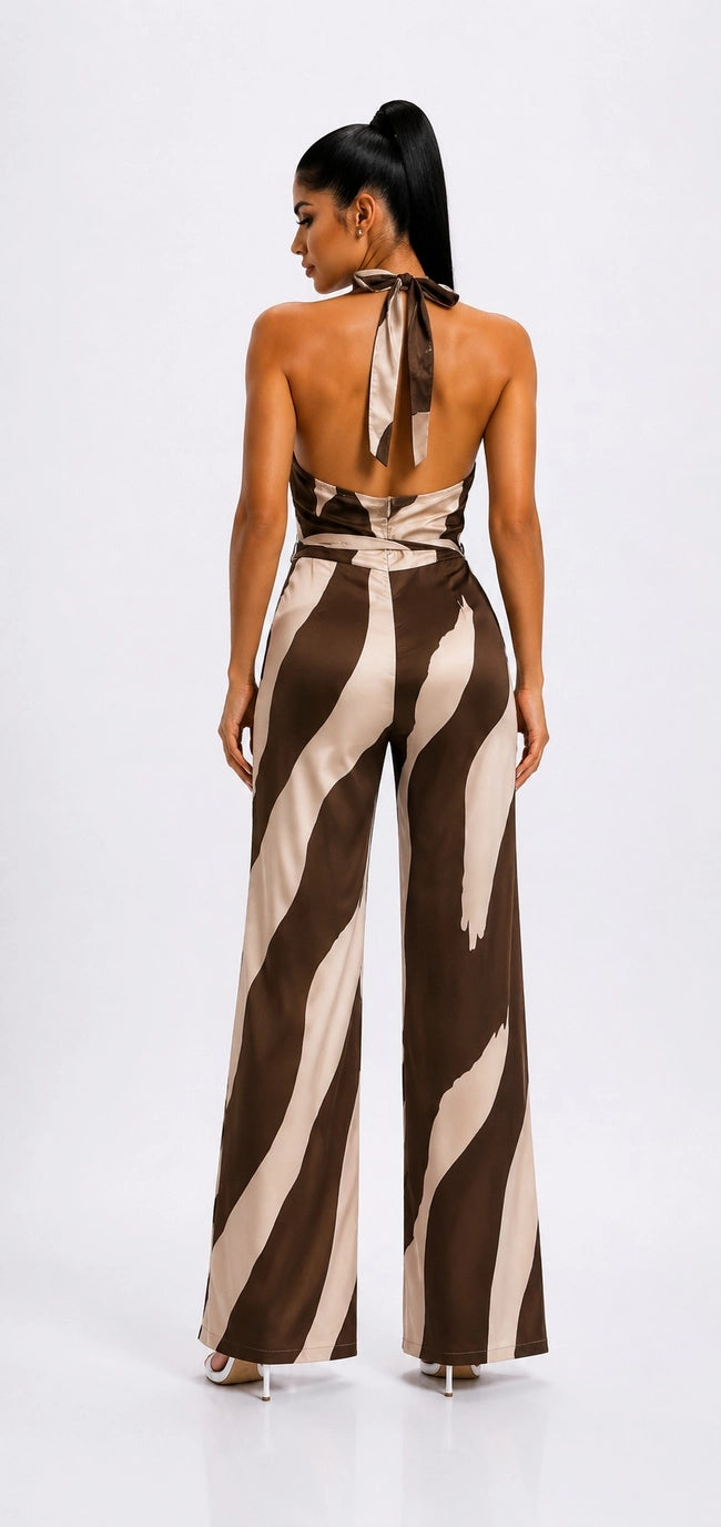 Abstract Print Halter Wide Leg Jumpsuit - Brown/Taupe
