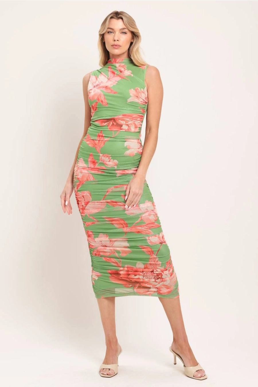 A Printed Power Mesh Midi Dress