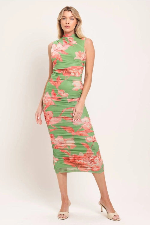 A Printed Power Mesh Midi Dress