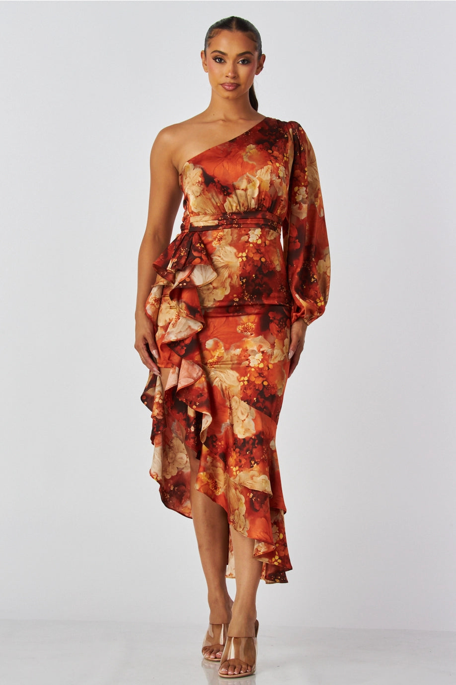 One Shoulder Printed Midi Dress