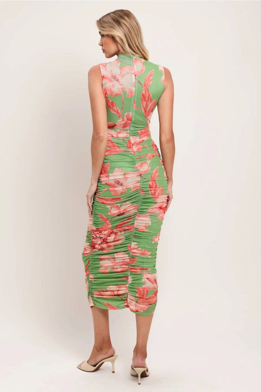 A Printed Power Mesh Midi Dress
