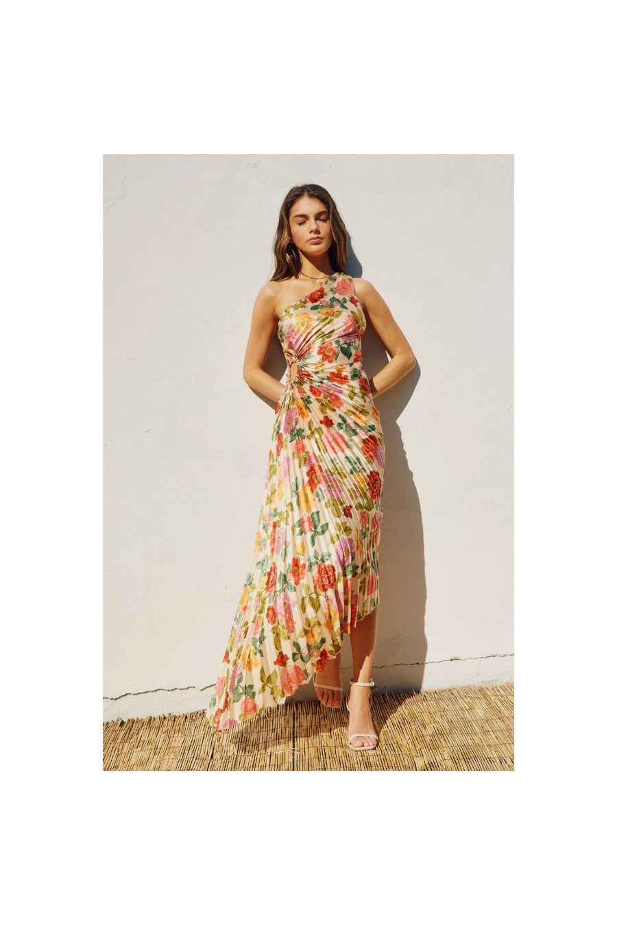 Floral One Shoulder Asymmetrical Pleated Dress