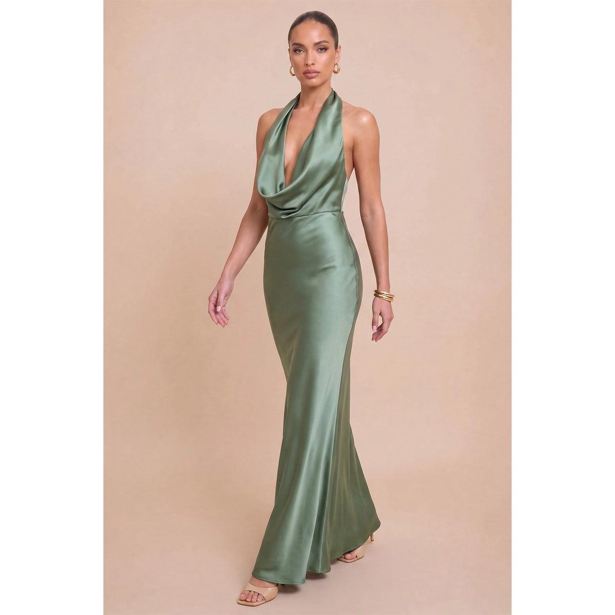 Solid Satin Halter Maxi Dress - Sage