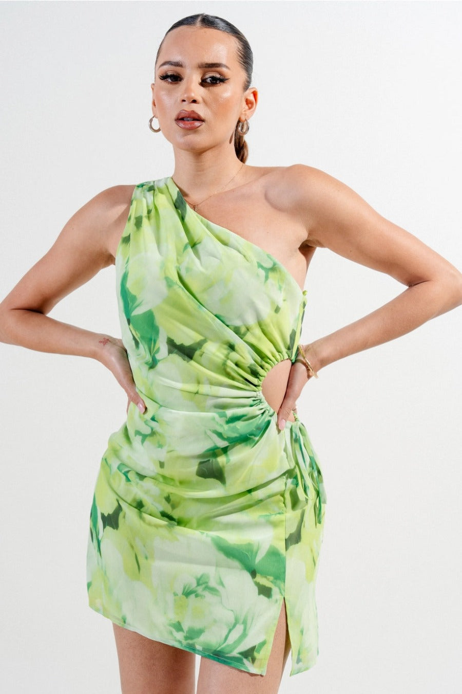 Chelsea Chiffon Print One Shoulder Side Cutout