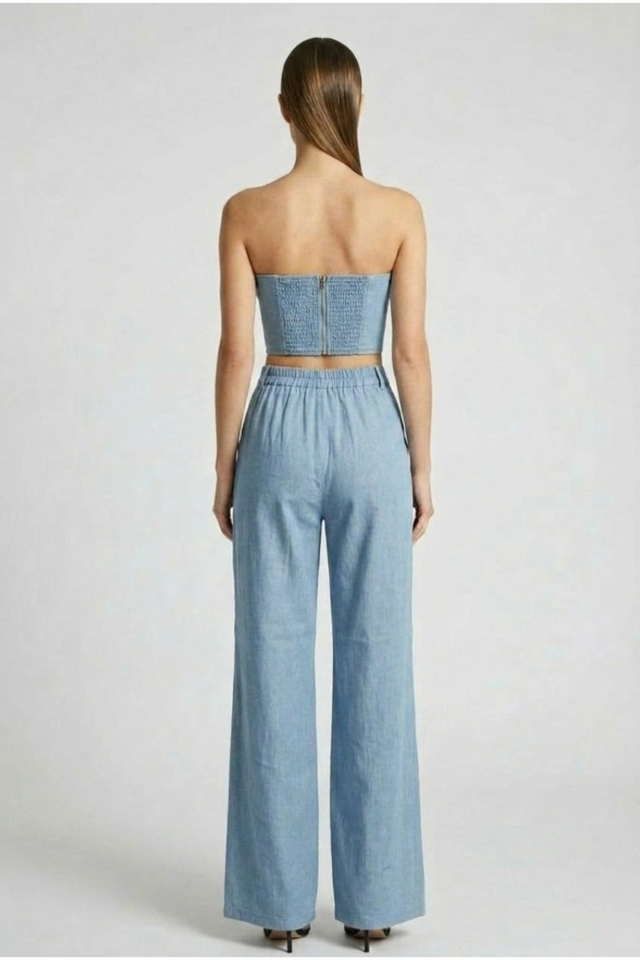 Denim Tube Top and Wide Leg Pants Set