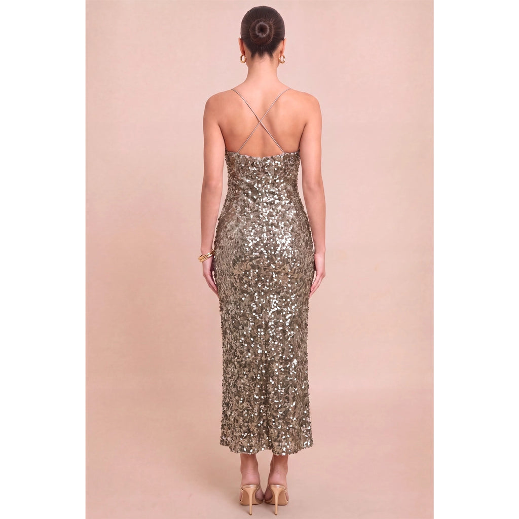 Sequin Spaghetti Strap Midi Dress - Mocha