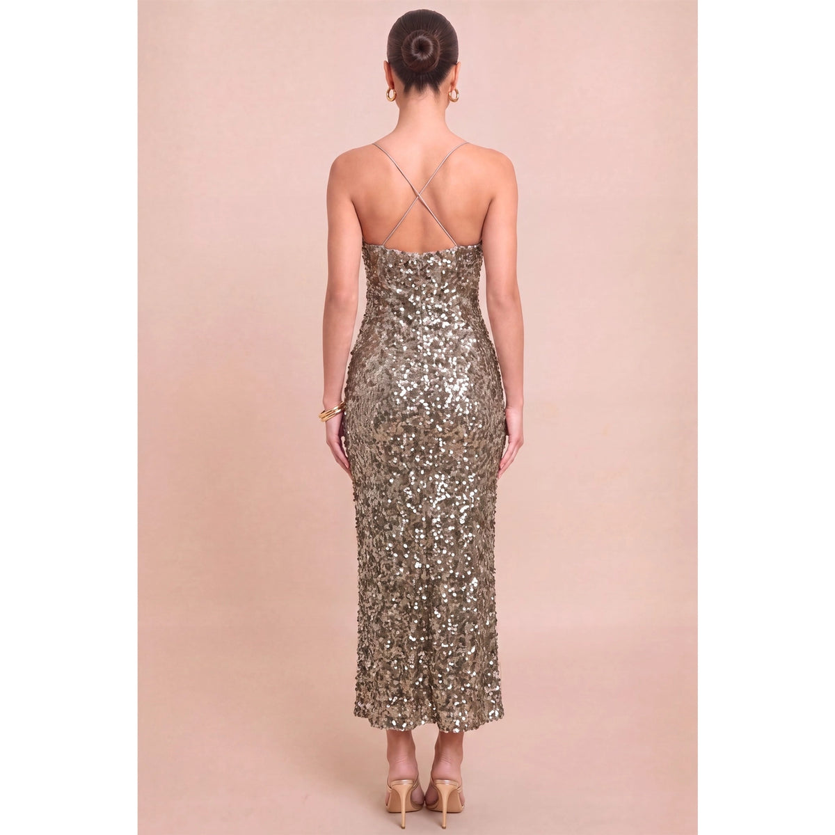 Sequin Spaghetti Strap Midi Dress - Mocha