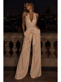 Pearl and rhinestone embellished wide leg jumpsuit - Beige - View 1