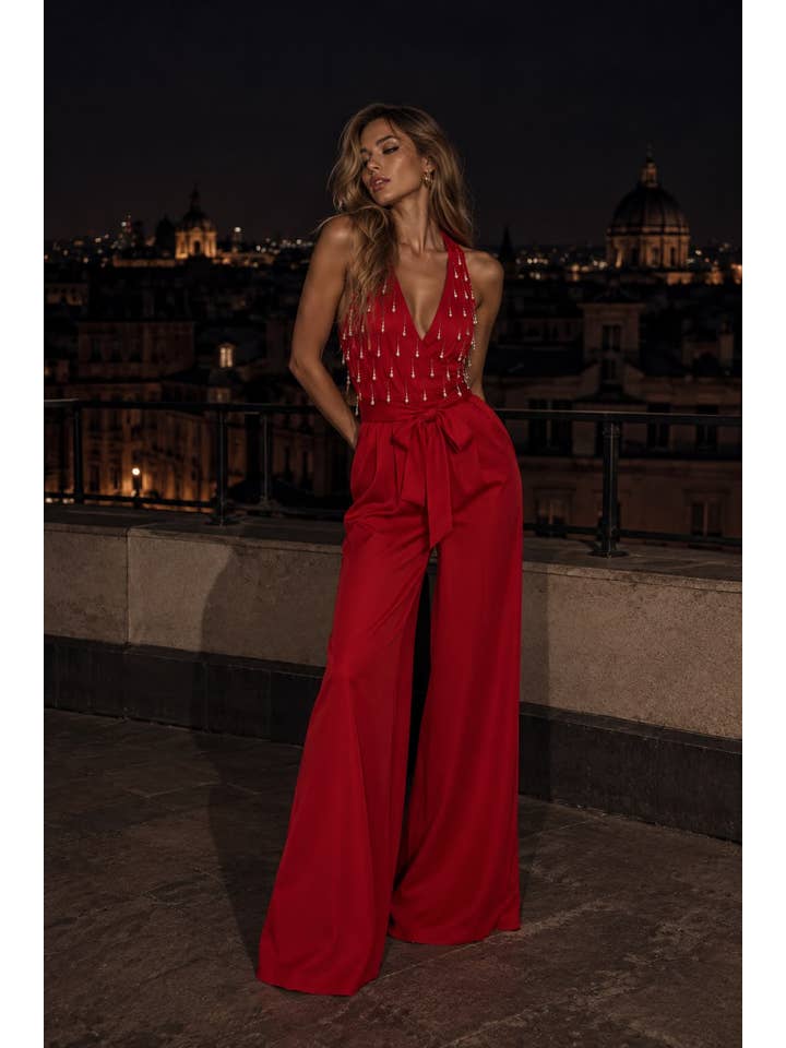 Pearl and rhinestone embellished wide leg jumpsuit - Red - View 1