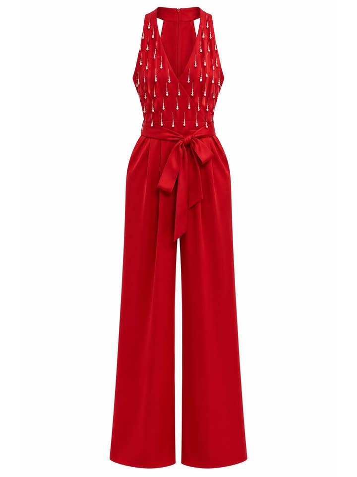 Pearl and rhinestone embellished wide leg jumpsuit - Red - View 2