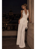 Pearl and rhinestone embellished wide leg jumpsuit - White - View 1