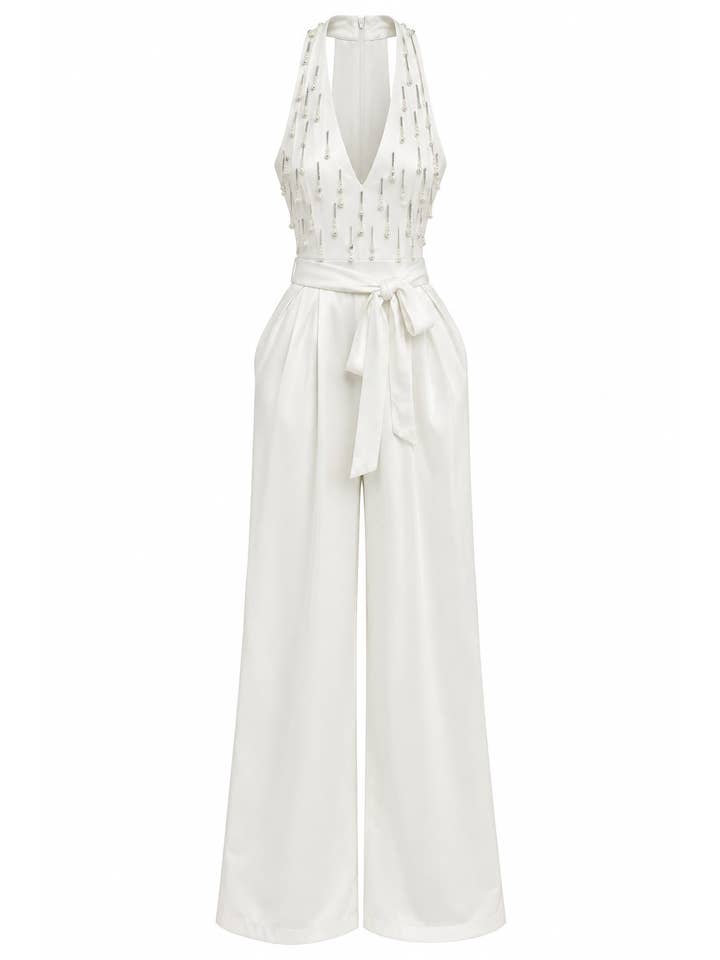 Pearl and rhinestone embellished wide leg jumpsuit - White - View 2