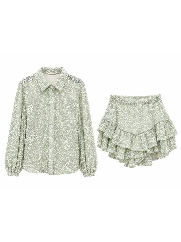 Green embellished long sleeve shirt and ruffled shorts set - 68699 - View 2