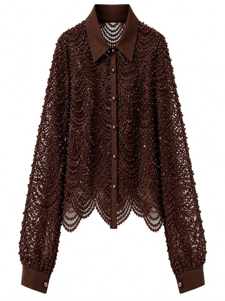 Brown sequin and pearl embellished shirt - Style 68702