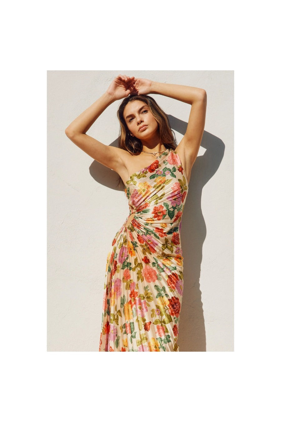 Floral One Shoulder Asymmetrical Pleated Dress