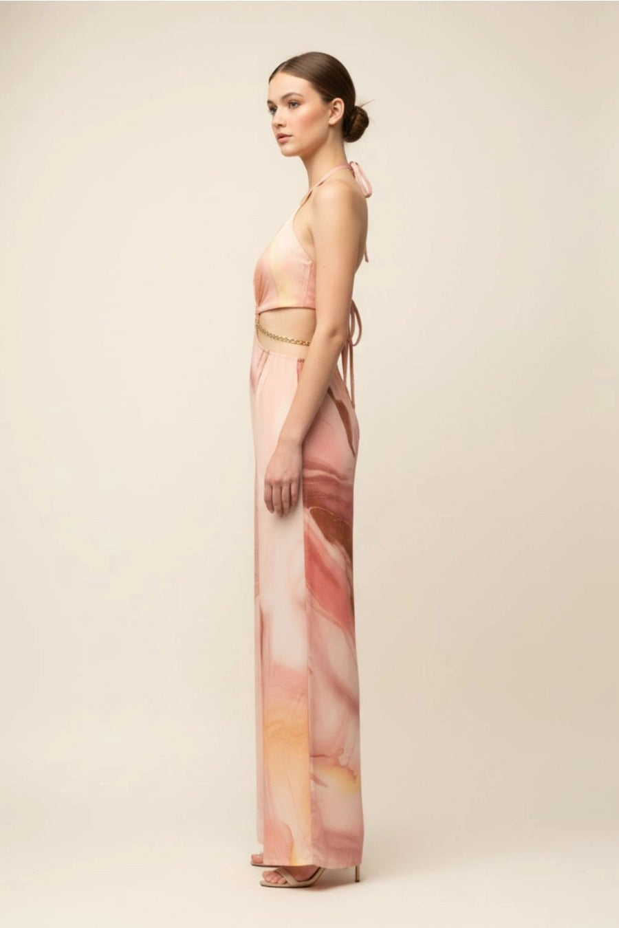 Marble Print Cutout Halter Jumpsuit