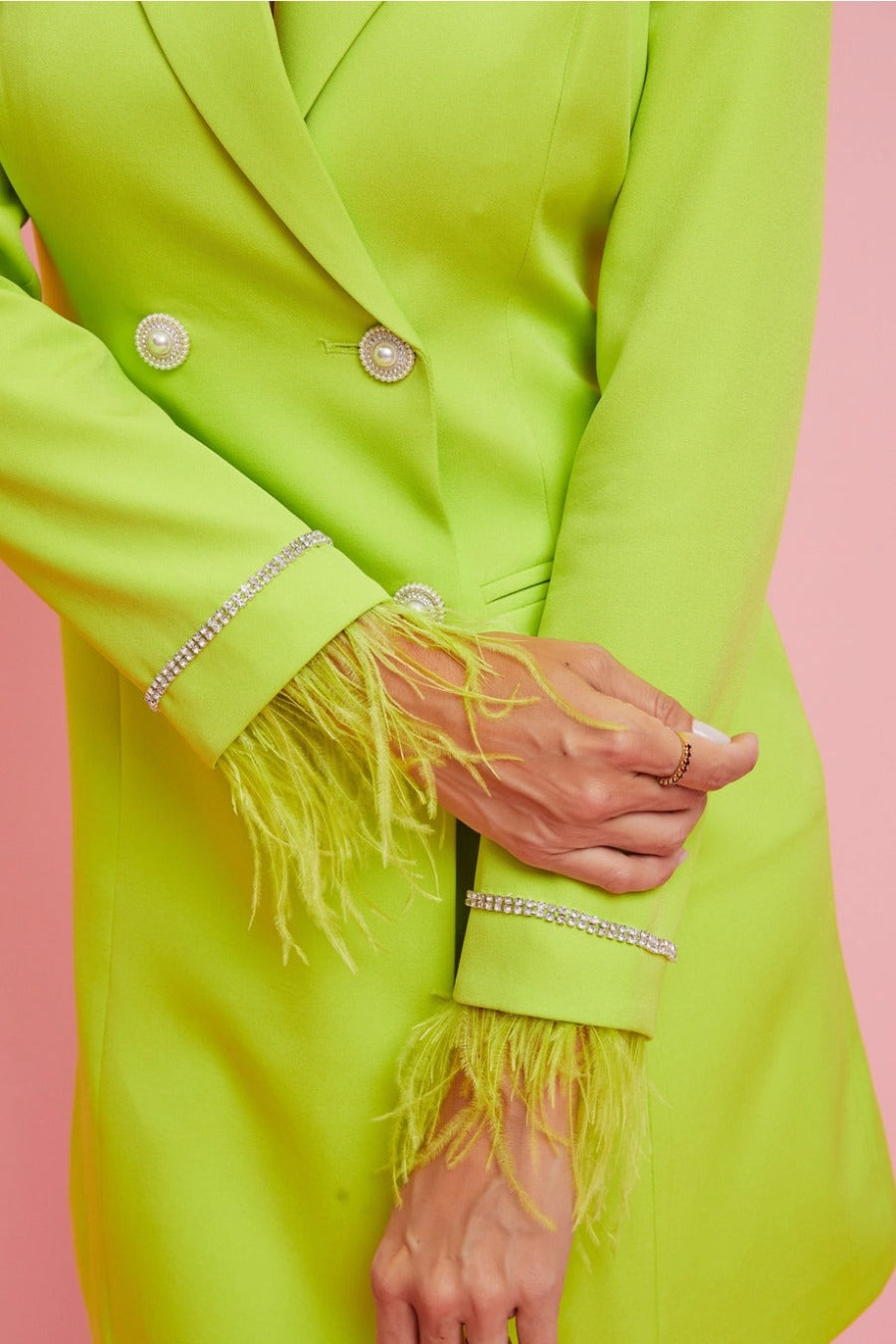 Woven Blazer Dress with Feather Cuff and Back Cutout