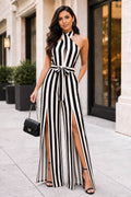 Striped Halter Wide Leg Jumpsuit - Black and White - view 1