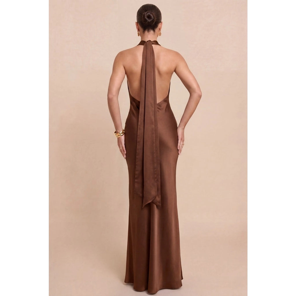 Solid Satin Halter Maxi Dress - Brown