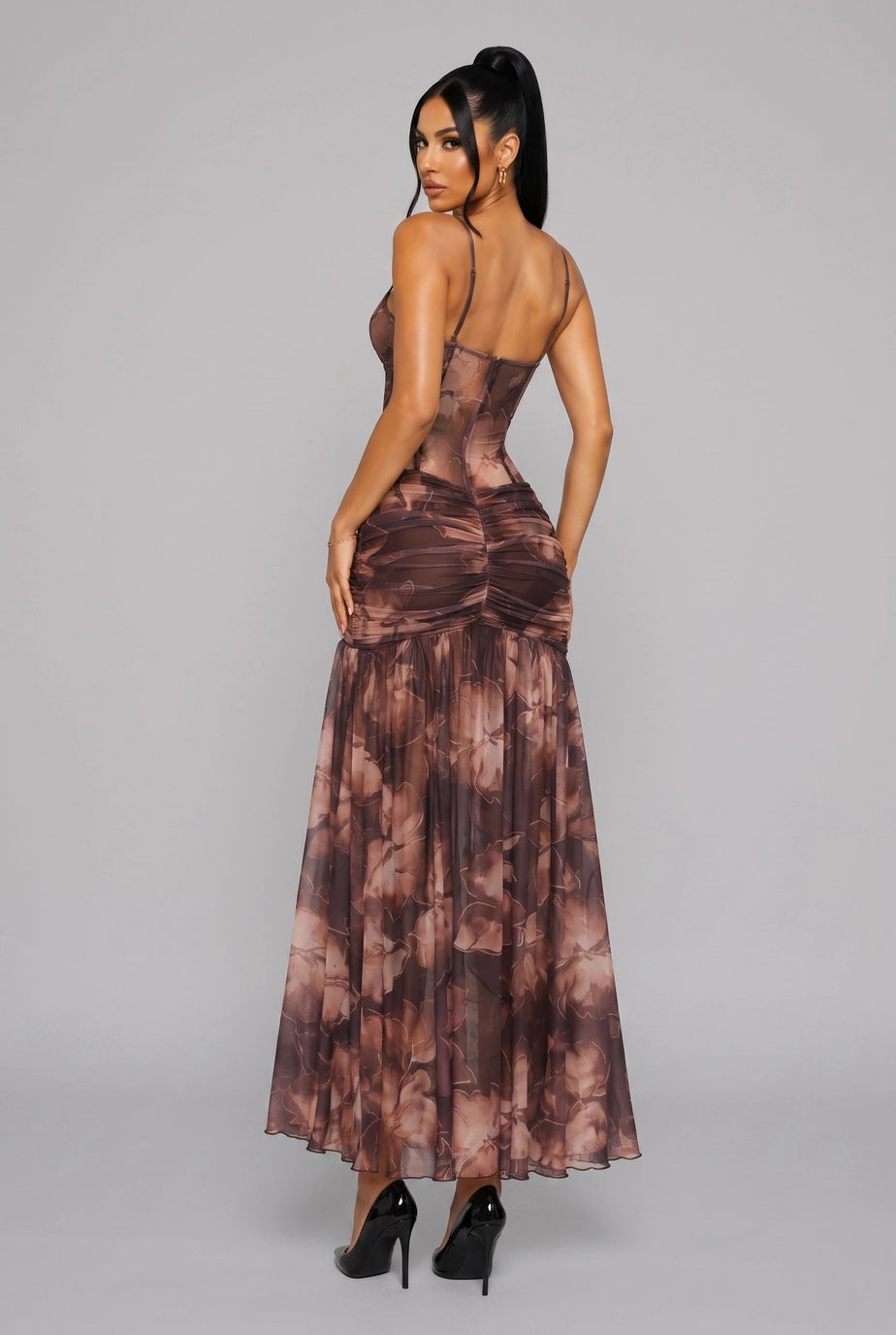 Ruched Corset Sheer Maxi Dress - Brown