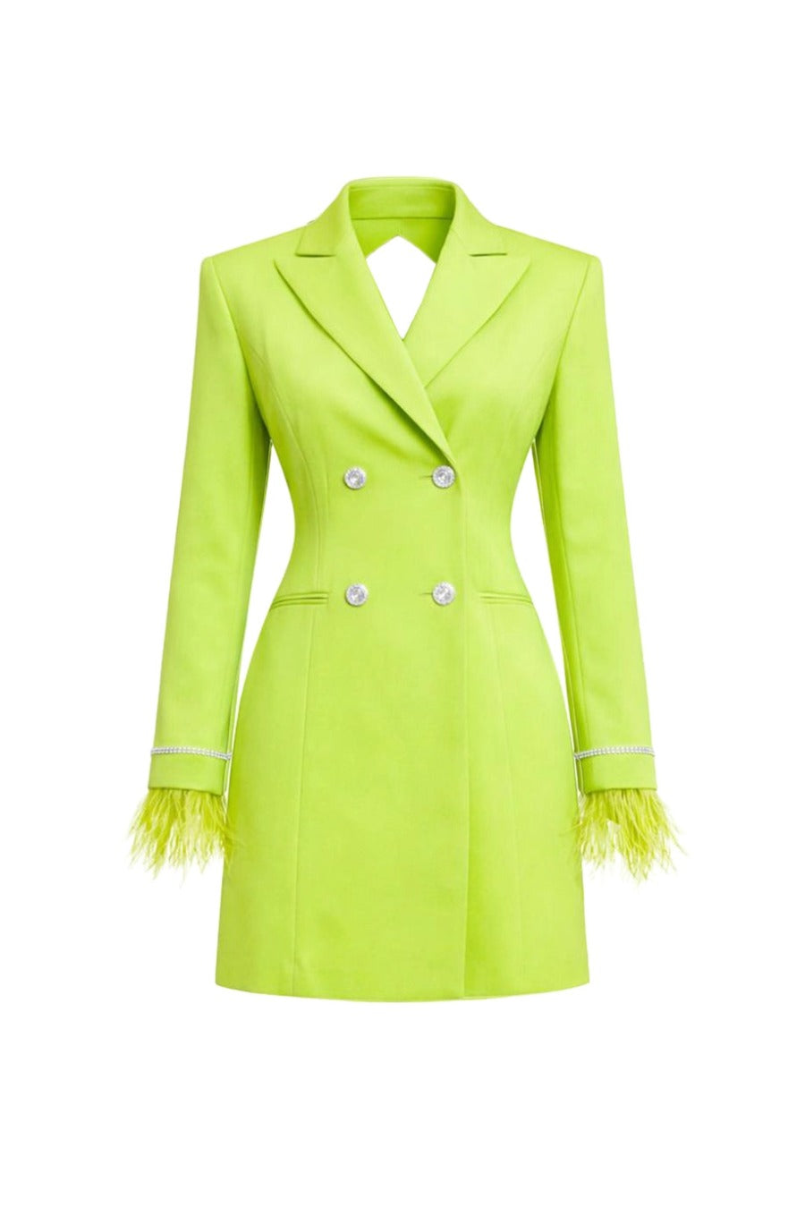 Woven Blazer Dress with Feather Cuff and Back Cutout