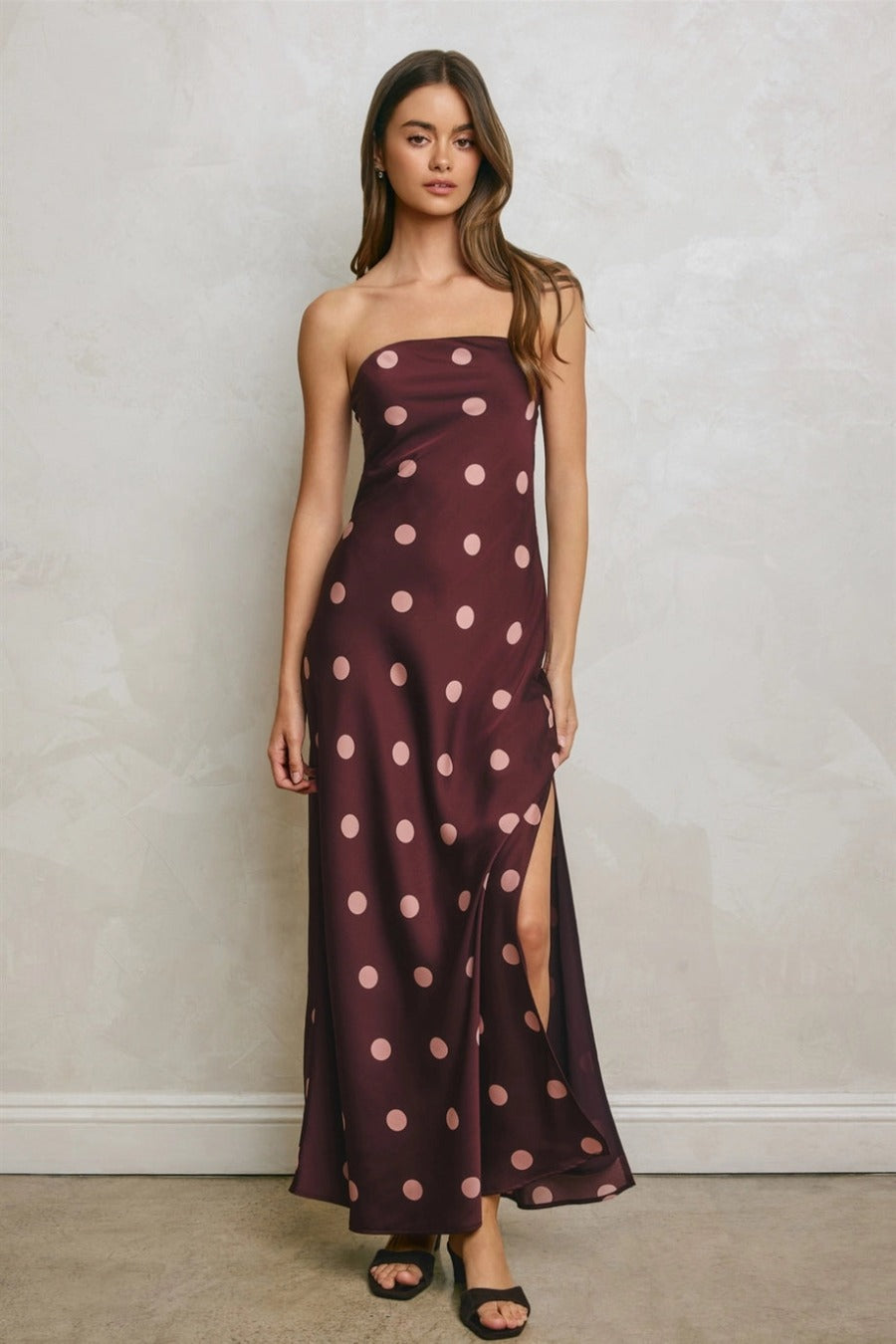 Polka Dot Satin Strapless Maxi Dress
