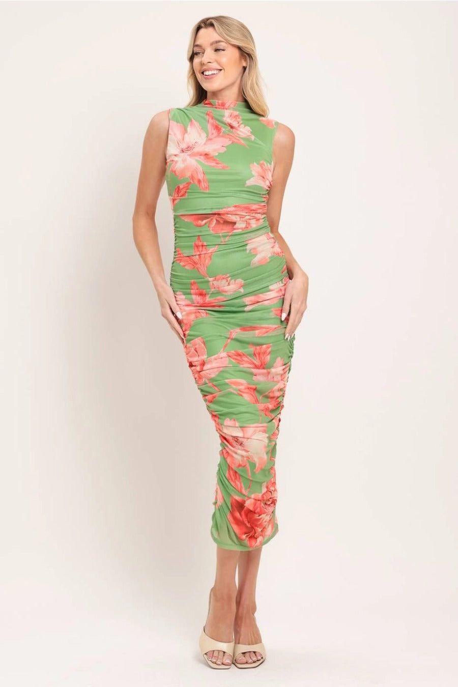 A Printed Power Mesh Midi Dress