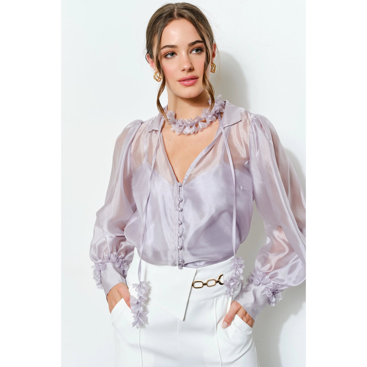 Sheer Floral Tie Neck Puff Sleeve Blouse - Ash