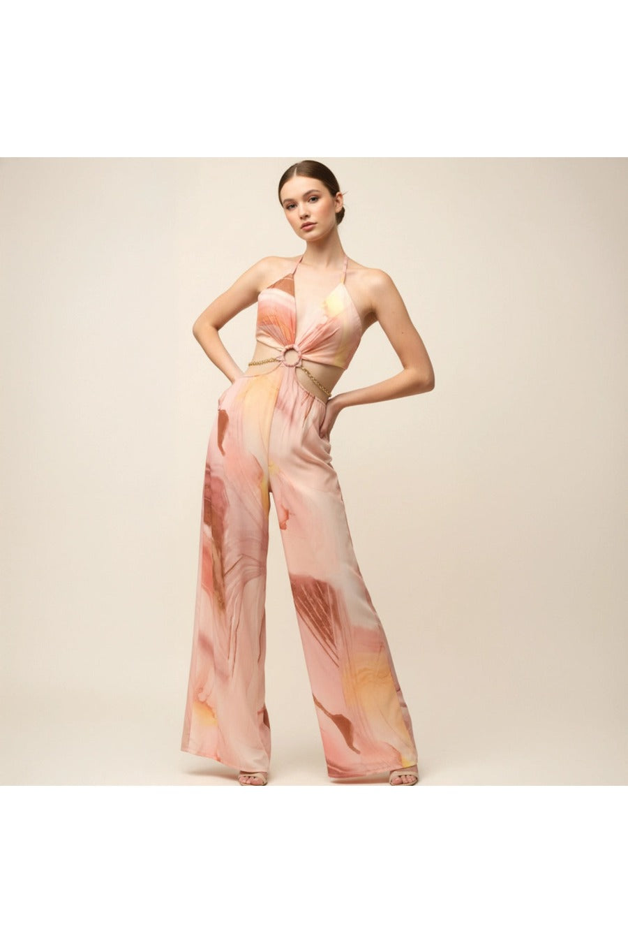 Marble Print Cutout Halter Jumpsuit