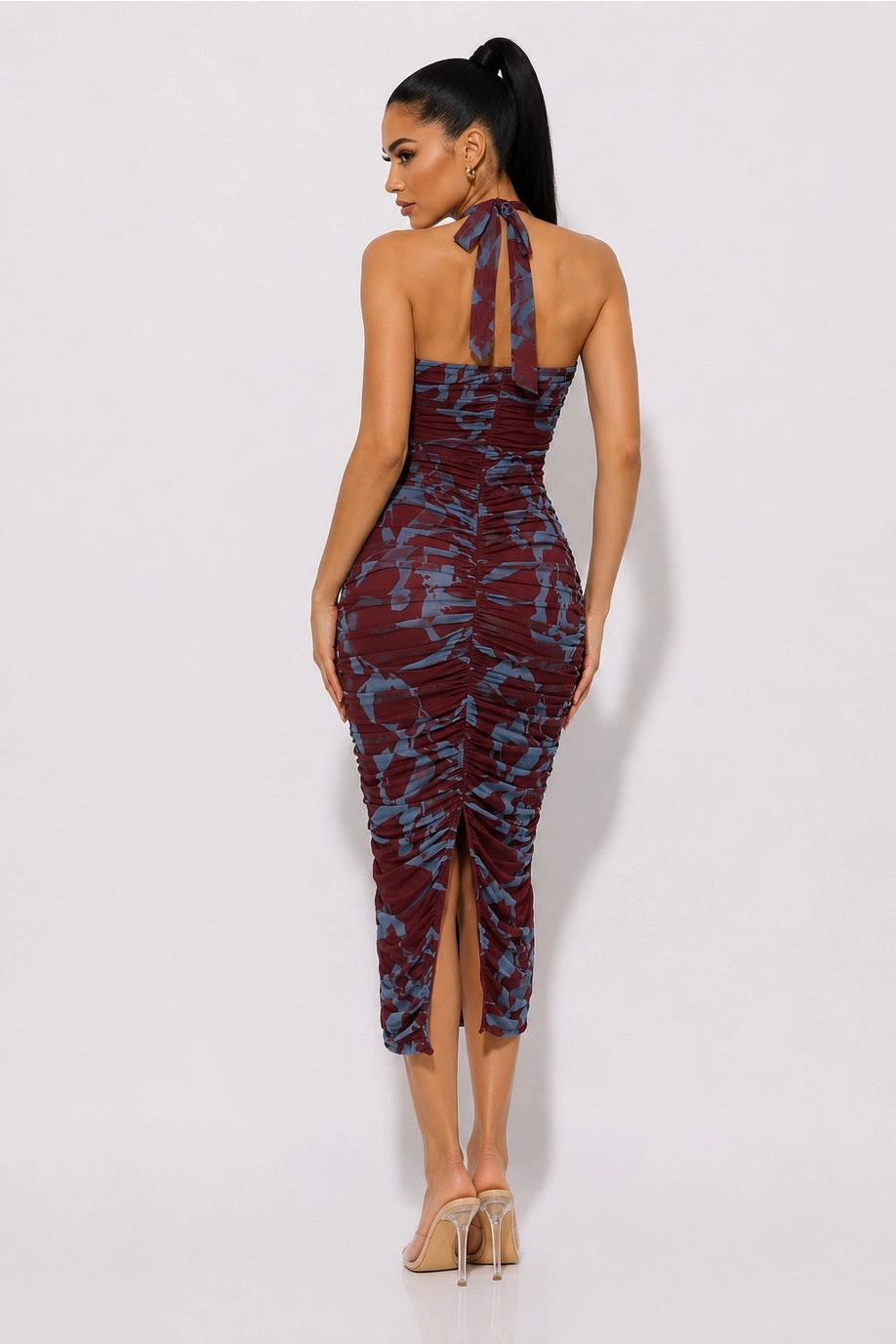 Abstract Print Ruched Halter Midi Dress - Wine