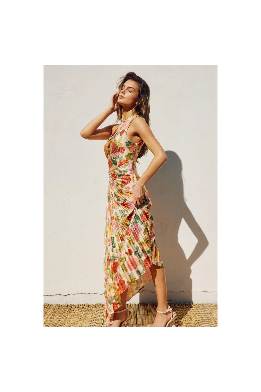 Floral One Shoulder Asymmetrical Pleated Dress