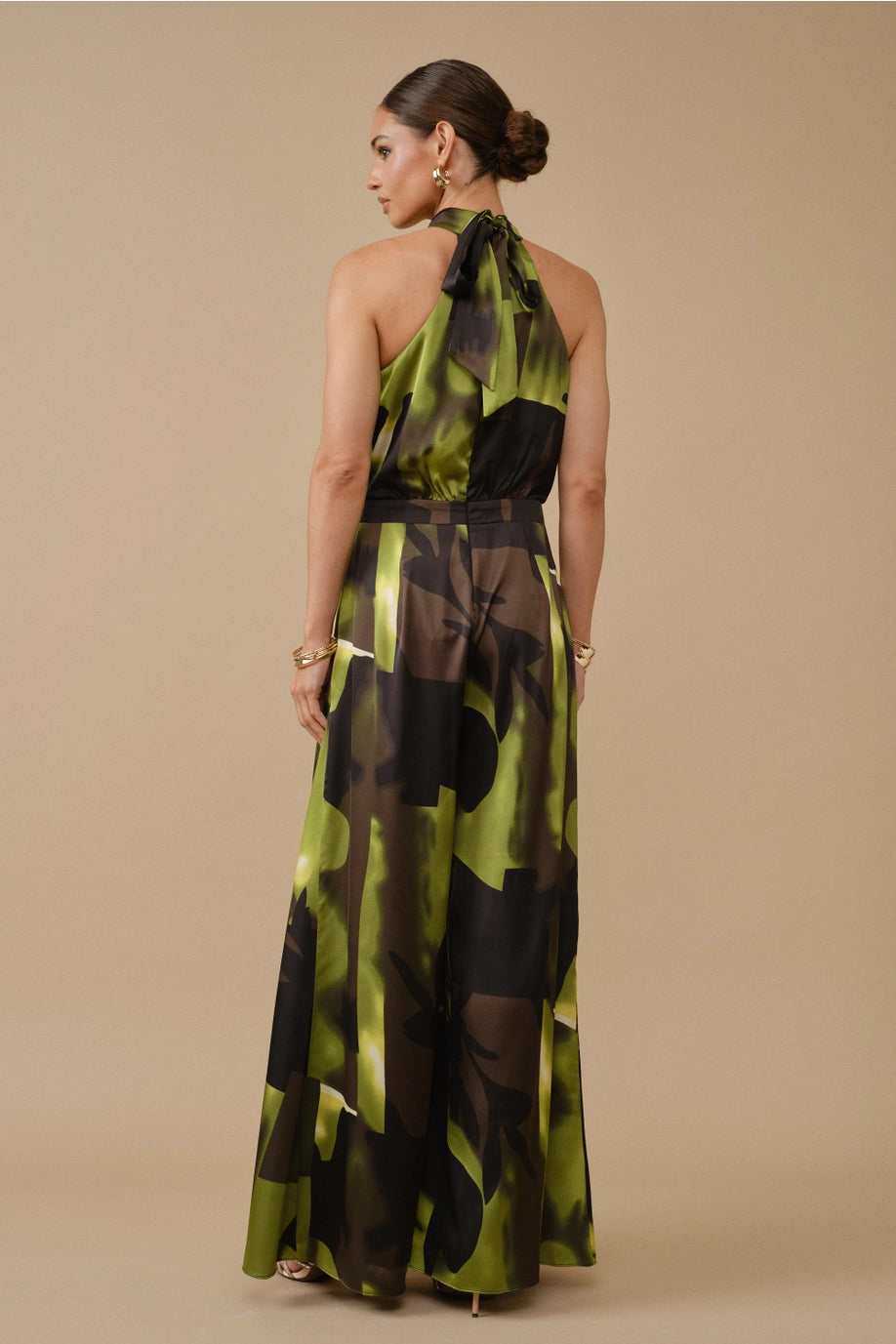 Abstract Print Halter Wide Leg Jumpsuit - Green Multi