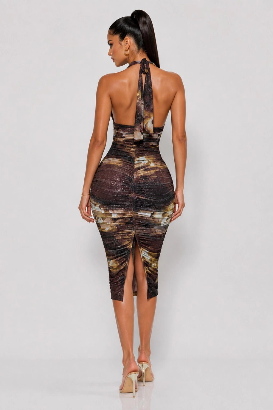 Sculpted Ruched Halter Midi Dress - Brown