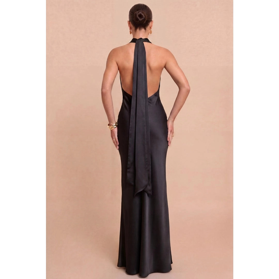 Solid Satin Halter Maxi Dress - Black