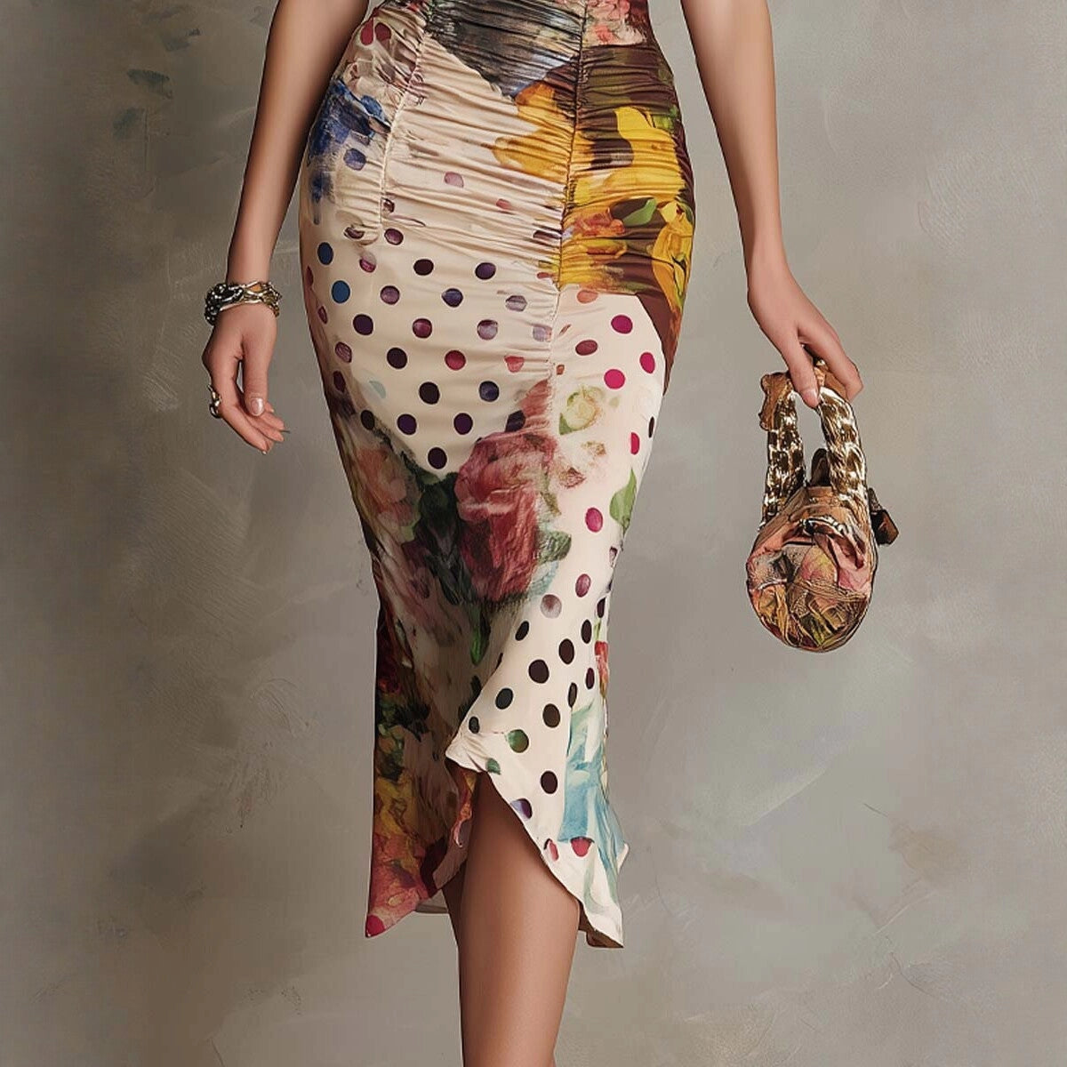Vintage Print Slim Fit Dress Women Waist Cinching
