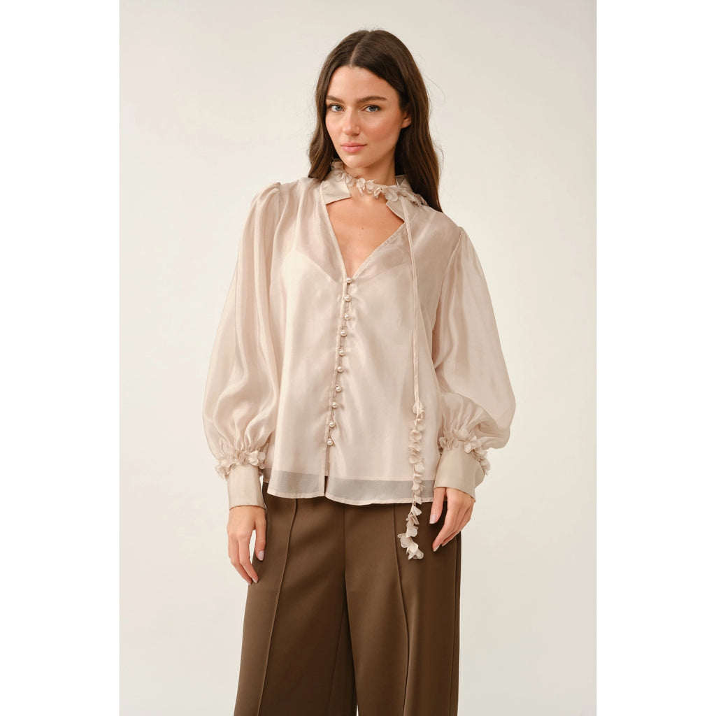 Sheer Floral Tie Neck Puff Sleeve Blouse - Champagne