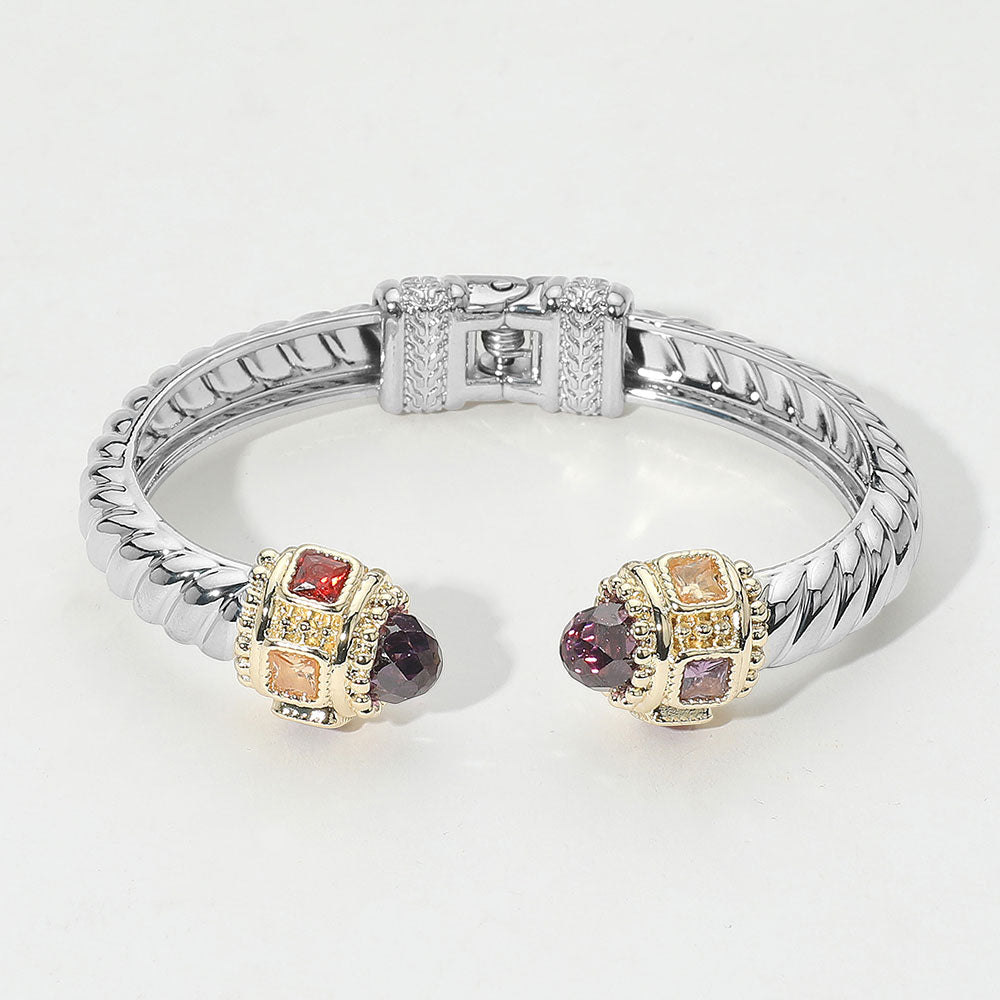 14K Gold Plated CZ Stone Tip Two Tone Twisted Hinge Cuff Bracelet