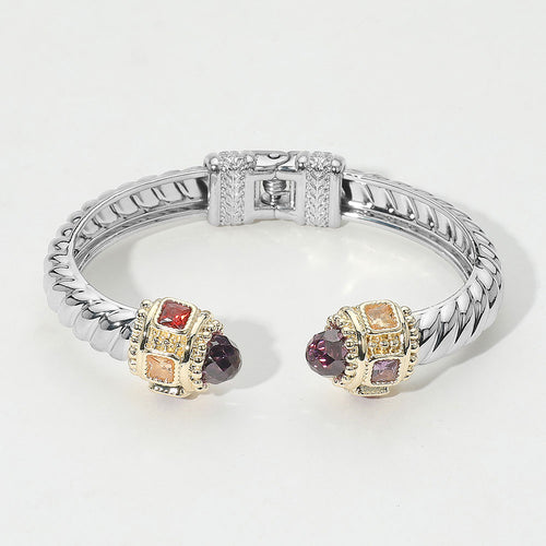 14K Gold Plated CZ Stone Tip Two Tone Twisted Hinge Cuff Bracelet