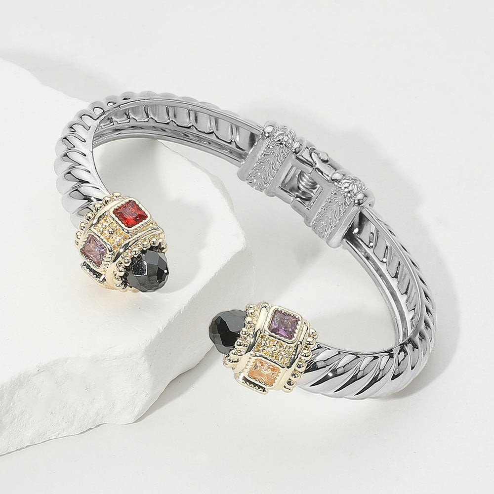 14K Gold Plated CZ Stone Tip Two Tone Twisted Hinge Cuff Bracelet