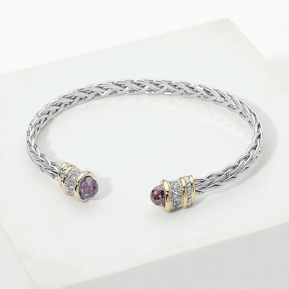 14K Gold Plated Two Tone CZ Tip Braided Cuff Bracelet