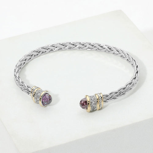 14K Gold Plated Two Tone CZ Tip Braided Cuff Bracelet