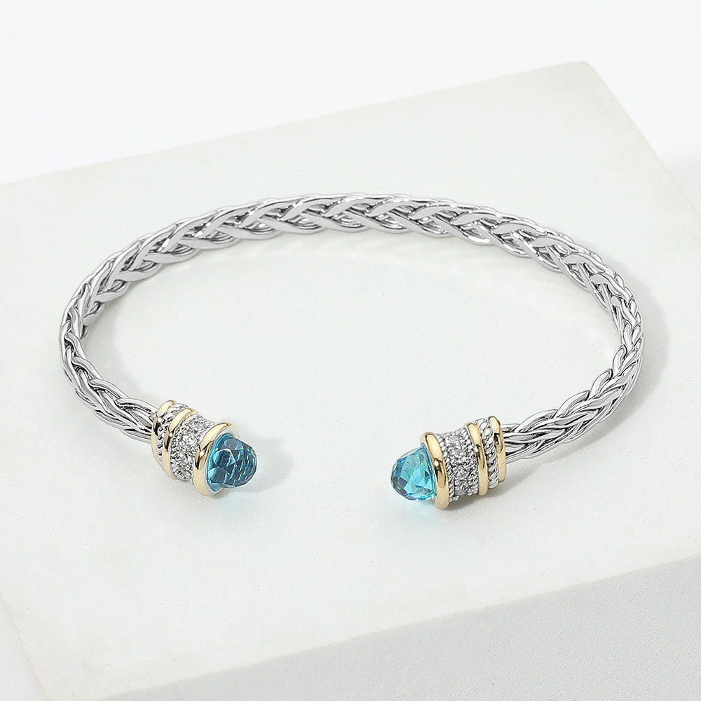 14K Gold Plated Two Tone CZ Tip Braided Cuff Bracelet