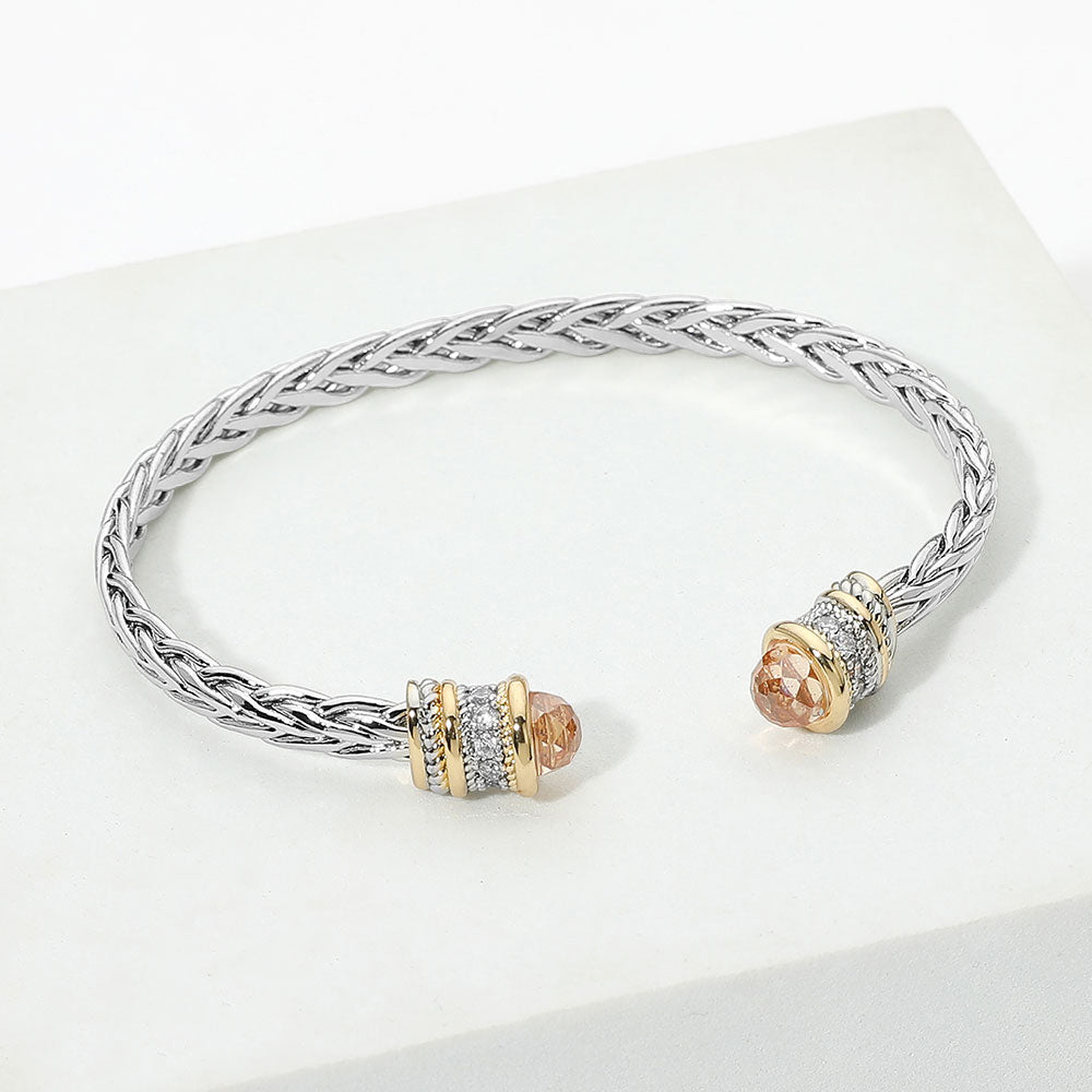 14K Gold Plated Two Tone CZ Tip Braided Cuff Bracelet