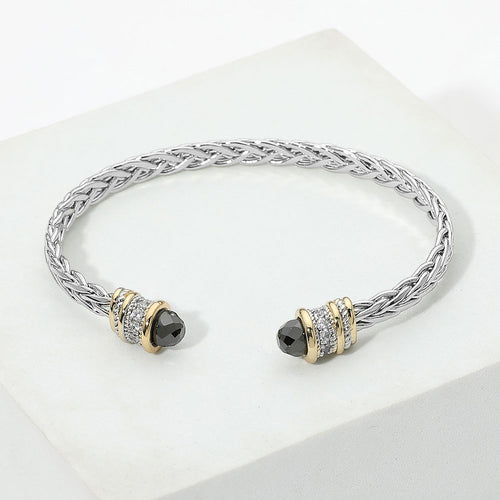 14K Gold Plated Two Tone CZ Tip Braided Cuff Bracelet
