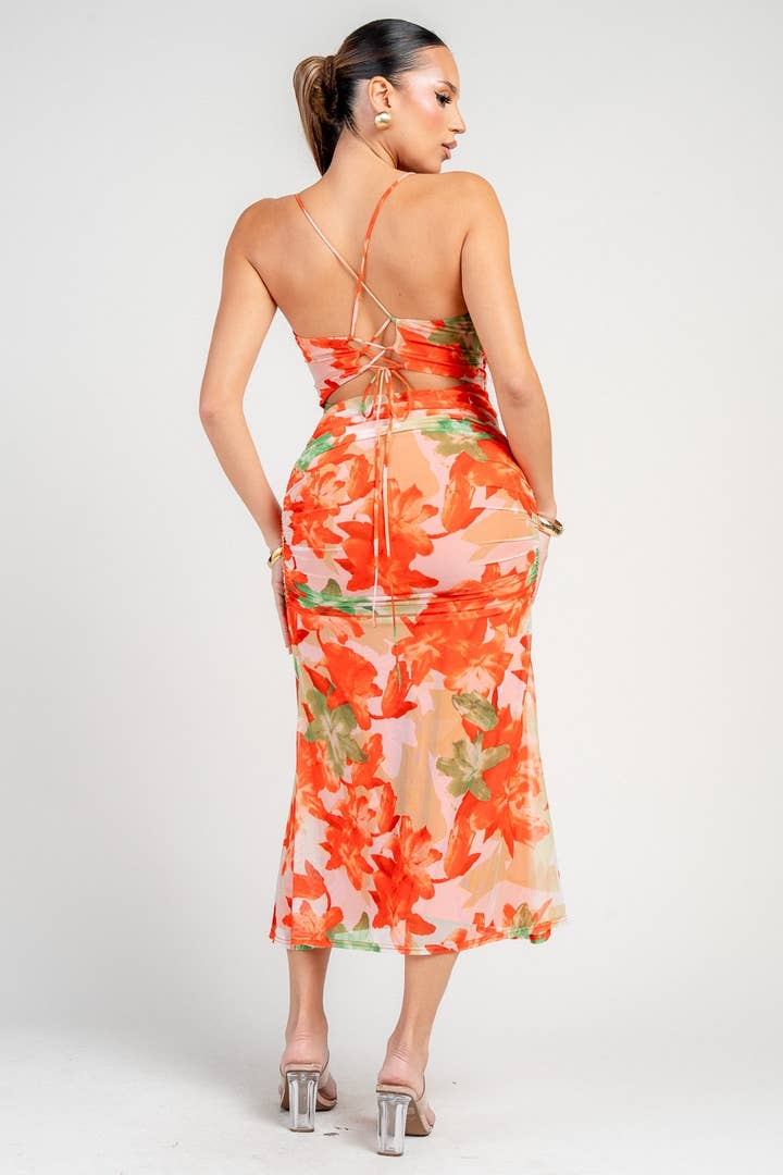 Floral Mesh Sweetheart Midi Dress - Orange Green - view 3