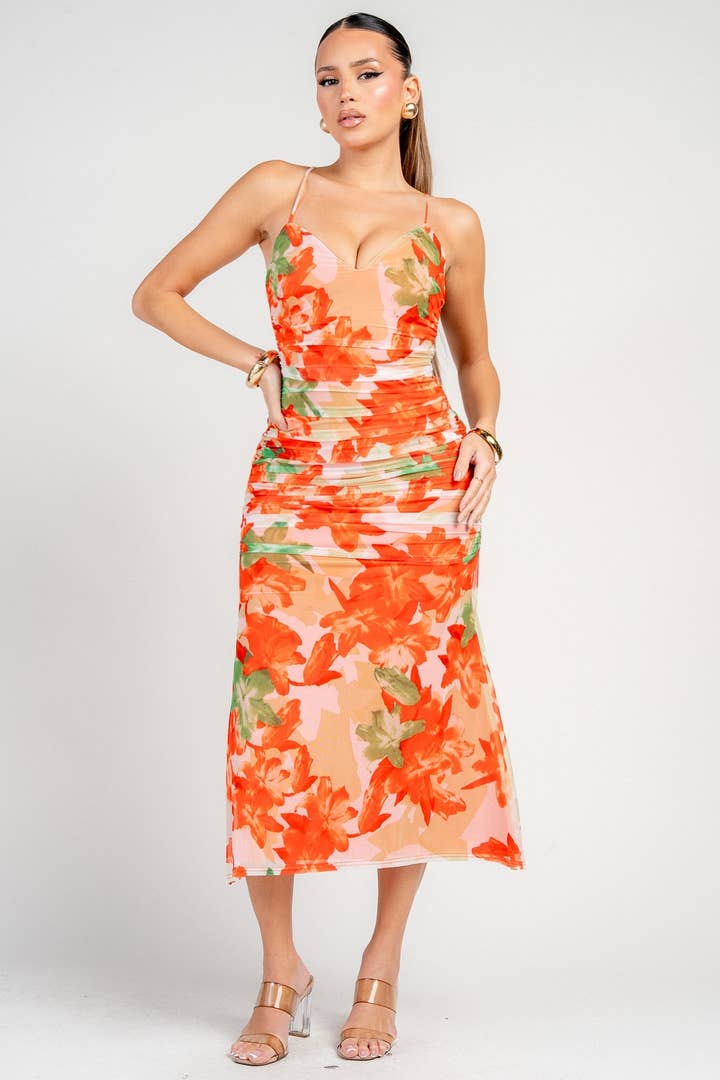 Floral Mesh Sweetheart Midi Dress - Orange Green - view 4