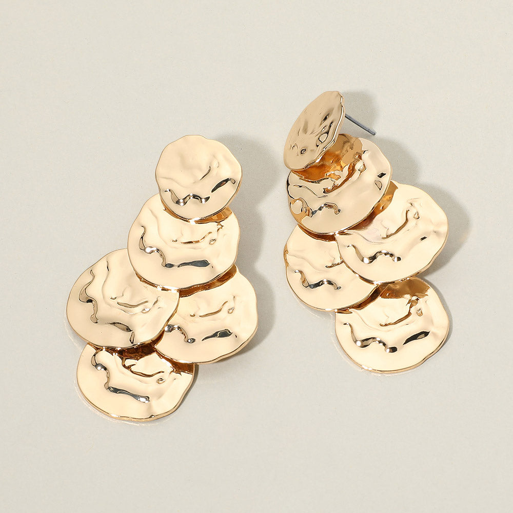 Bold Hammered Metal Disc Cascade Drop Statement Earrings